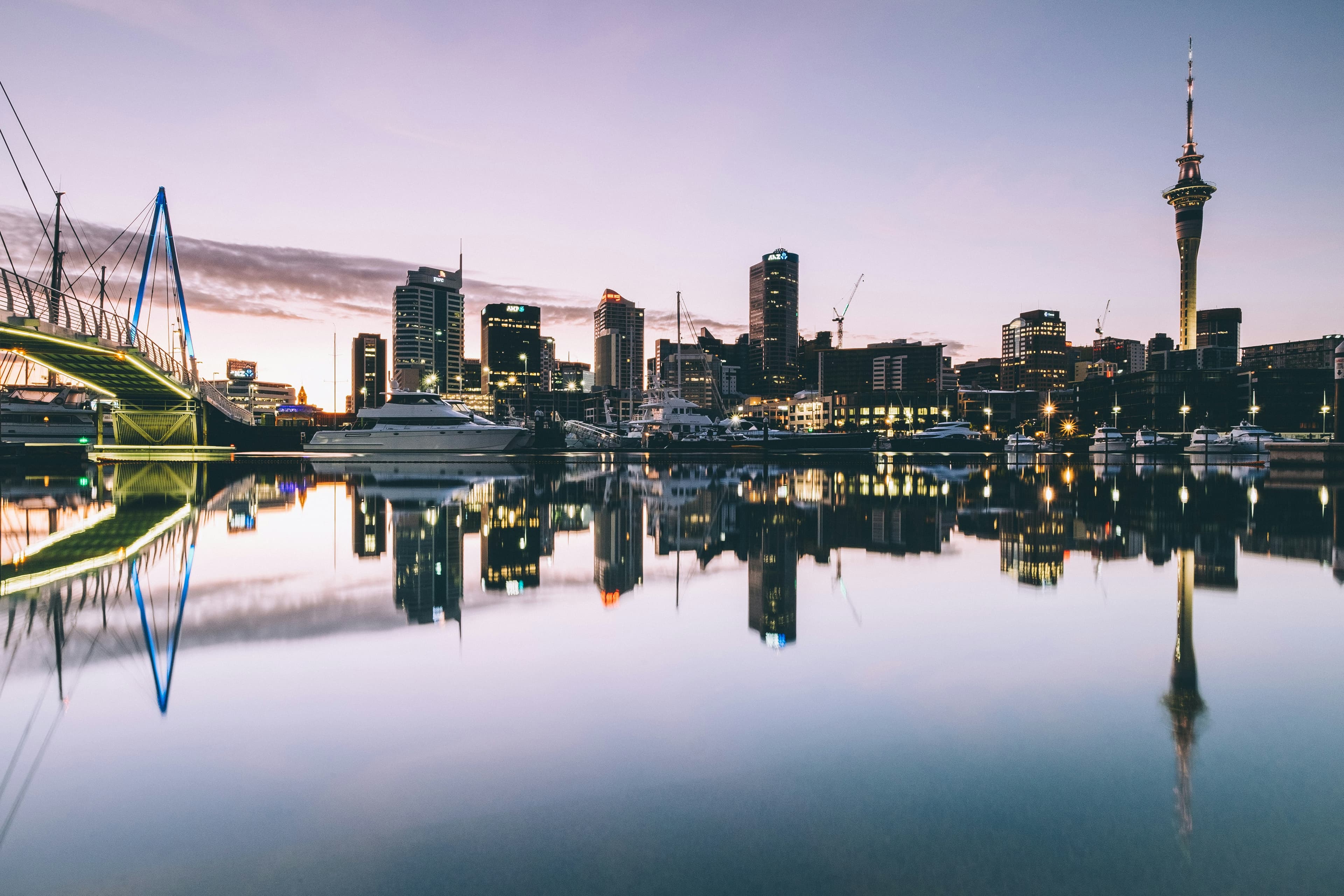Auckland skyline with the Sky Tower and Waitematā Harbour